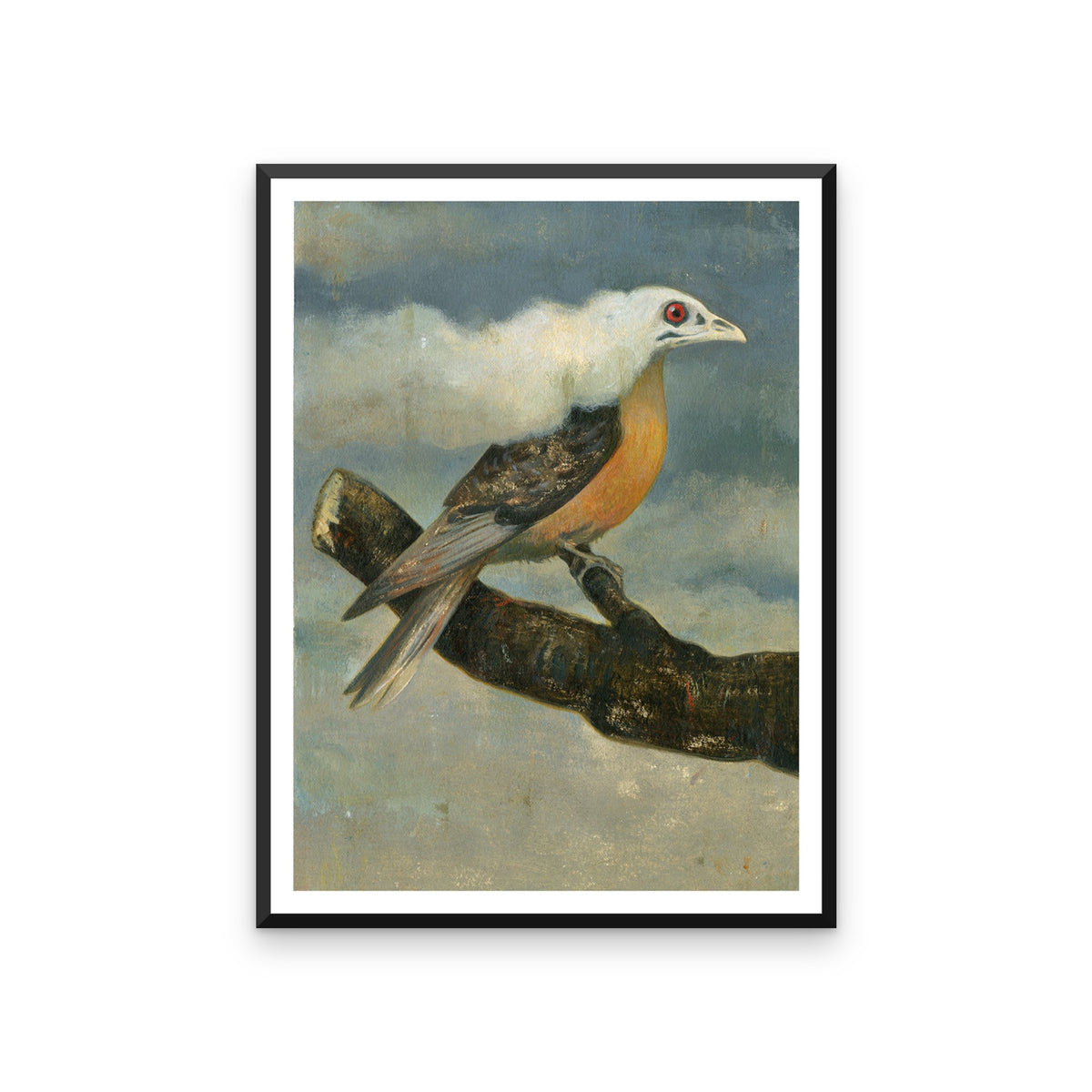 A framed art print featuring a detailed painting of a bird with a white head, red eye, dark brown wings, and a warm orange chest, perched on a branch against a cloudy blue-gray sky. The print is framed in black with a white mat, shown against a plain white background.